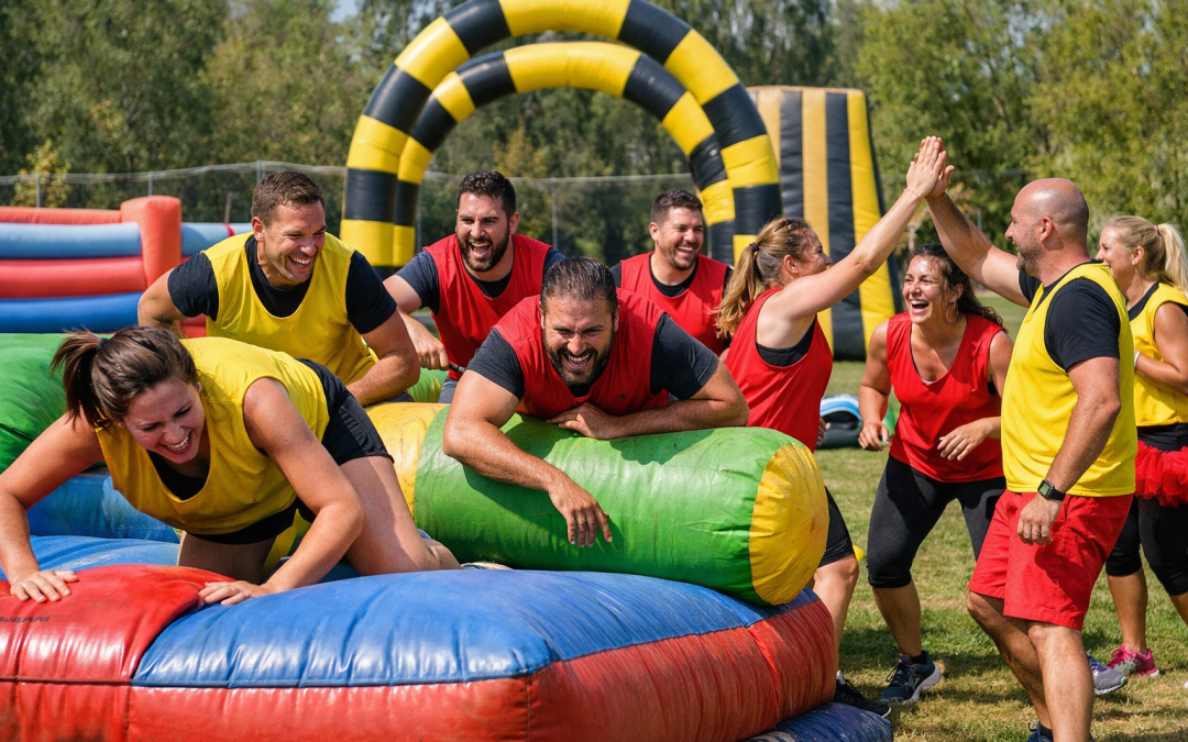 grupo grande despedida humor amarillo compitiendo en hinchables al aire libre