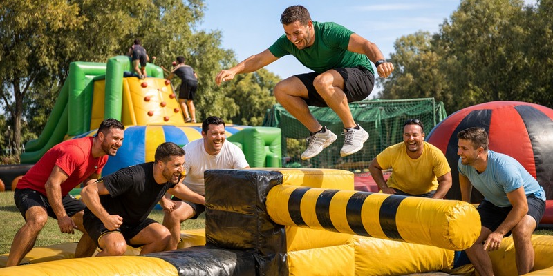 Ilustración original de un circuito tipo Humor Amarillo con grupo de adultos, ideal para despedida de soltero cerca de Madrid